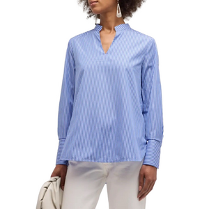 HARSHMAN Women’s Ellis Blouse 100% Cotton indigo pinstripes side buttons